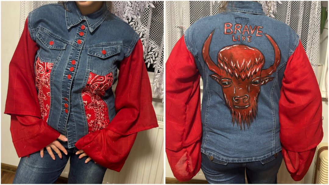 Przerobiona kurtka z motywem żubra